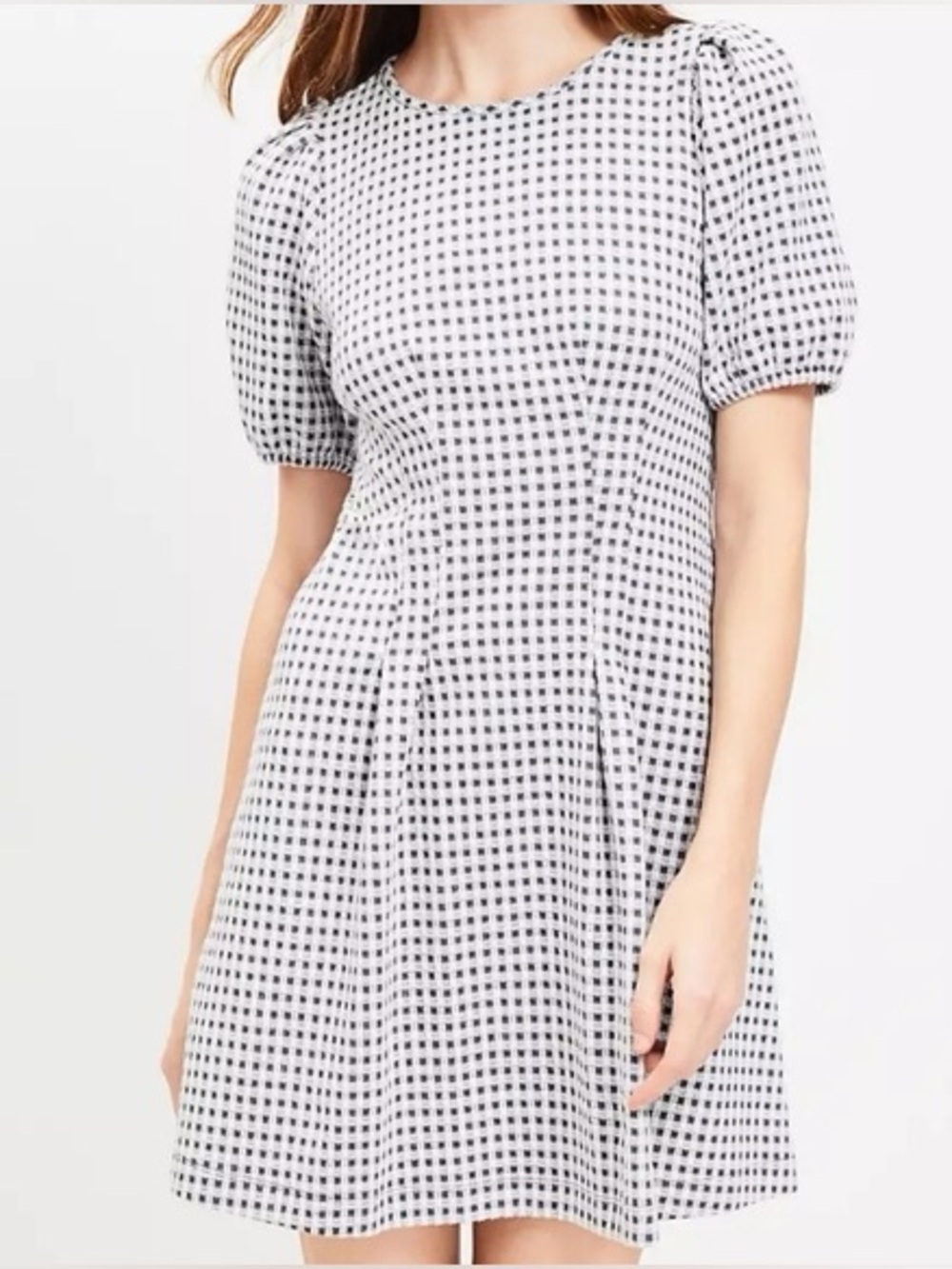 NWT Loft Gray and White Gingham Puff Sleeve Dress 8